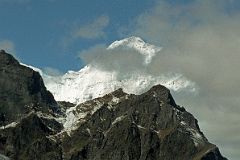 
We stopped to rest when I looked to the west and saw my first glimpse of the enormous snowbound Kangshung East Face of Everest sticking up above a black mountain. I recognized it from the many photos in Stephen Venables book, and I identified the South Col, the South Summit, the Hillary Step and the summit for the rest of the group.
